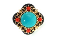 14kt Gold Turquoise, Coral and Onyx ring