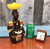 Rum bottle & Wesclox travel clock (runs)