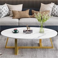 ULN - Oval Faux White Marble Coffee Table Wooden G