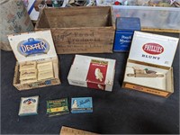 VTG Wooden Crate w/Cigar Boxes of Trinkets