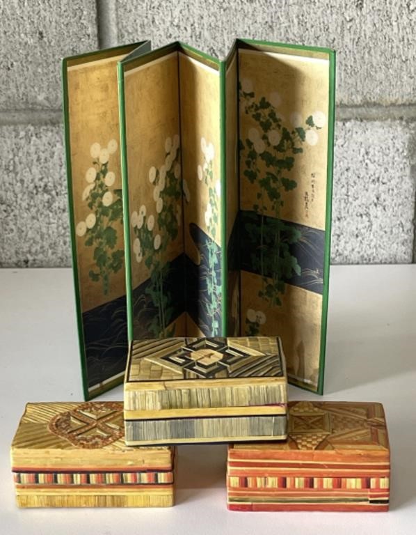 Vintage Japanese Screen Painting & Trinket Boxes