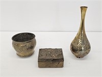 3 PIECES OF ORIENTAL BRASS - VASE IS 8.75" TALL