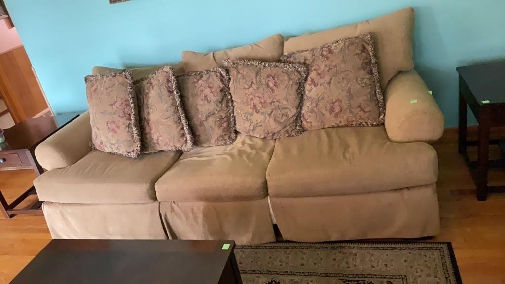 Beige fabric 3 cushion sofa, 84’’ long with 5