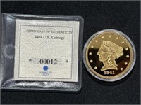 1841 GOLD CORONET 1/4 EAGLE COPY, 24K PLATED