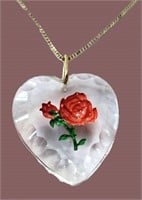 STUNNING VTG REVERSE PAINTED GLASS HEART NECKLACE