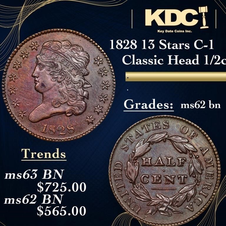 1828 13 Stars Classic Head half cent C-1 1/2c Grad
