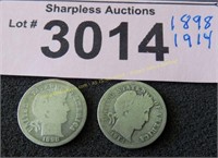 1898 and 1914 Barber silver dimes