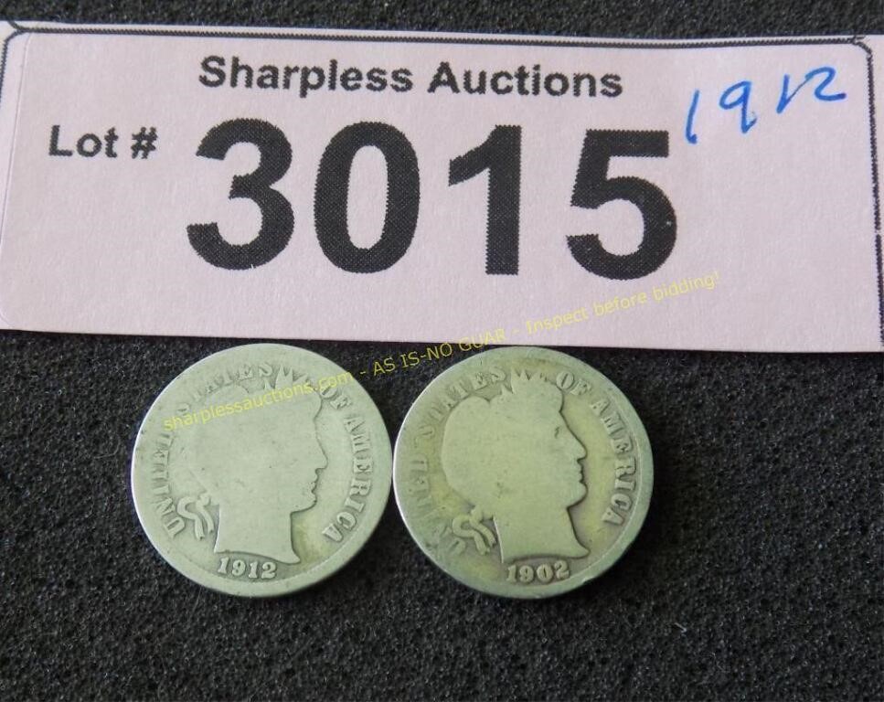 1912 and 1902 Barber silver dimes
