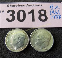 Uncirculated 1961 and 1958 Roosevelt silver dimes