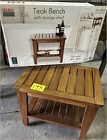 teak bench with storage shelf