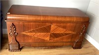 Inlaid wood cedar chest with carved corners, auto