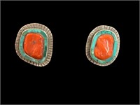 VINTAGE TURQUOISE &  CORAL CLIP ON EARRINGS