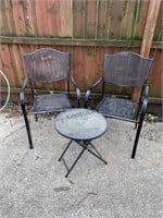 2 Metal outdoor chairs with small glass top table