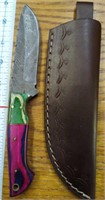Damascus steel knife with custom leather sheath