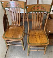 Pair Of Antique Oak Paint Decorated Chairs
