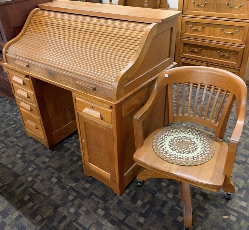 Antique Oak Roll Top Desk & Oak Office Chair