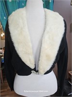 Vintage Black Cardigan with Fur Collar, Rhinestone