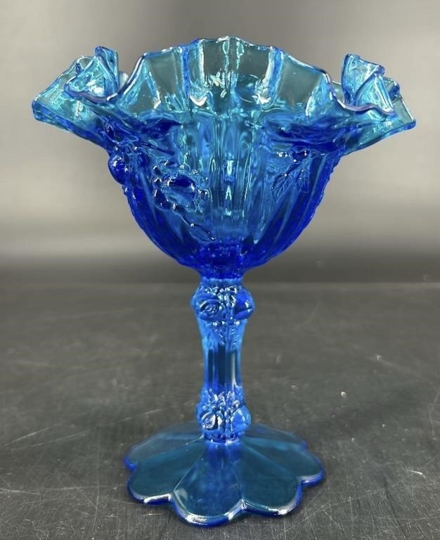 Fenton Colonial Blue Embossed Rose Compote Uv