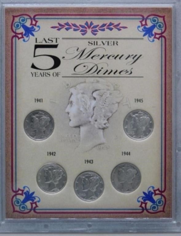 Last 5 Years of Silver Mercury Dimes 5 Coin Set.