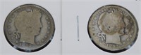 1892 and 1893 Barber Silver Quarters.