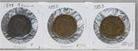 (3) Braided Hair Cents. Dates Include 1848, 1850,