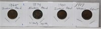 (4) Indian Head Pennies. Dates Include 1865,