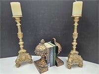 Ornate Candleholders, Bookends w/Books