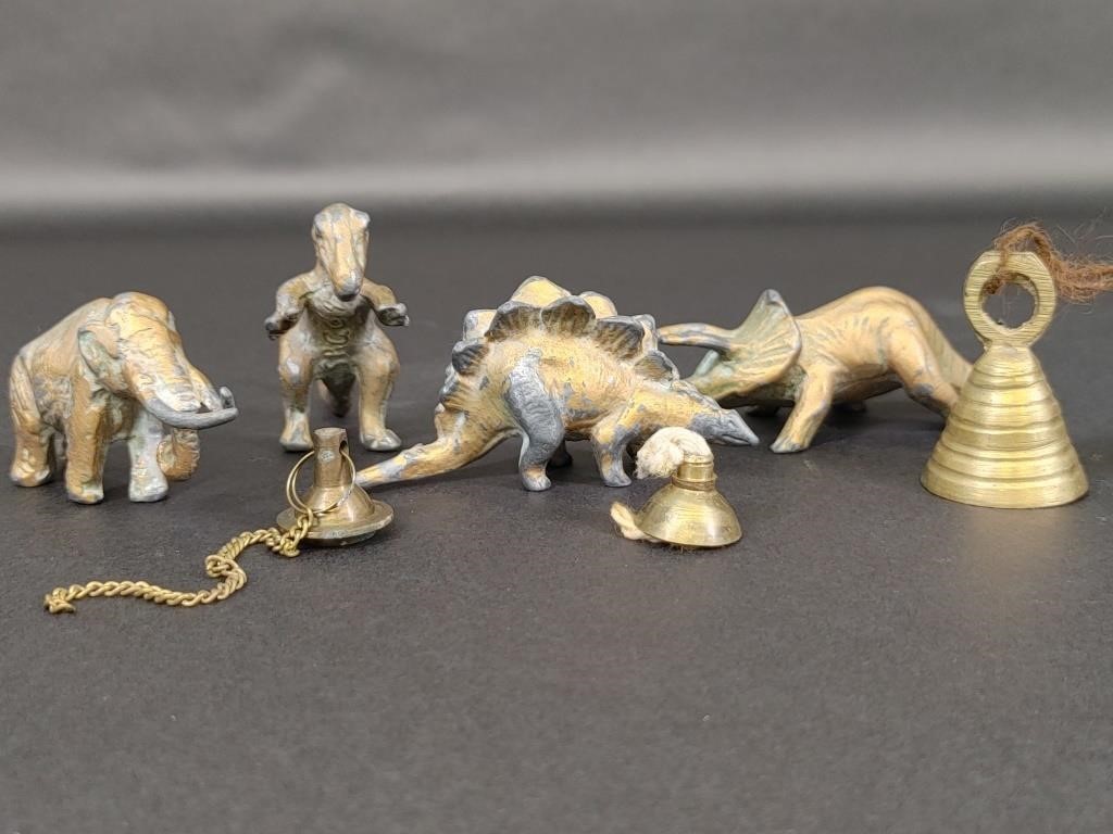 Four Brass Colored Dinosaurs & Bells