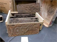 Antique license plate lot in wood crate crybaby