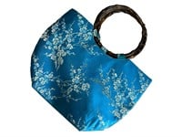Blue Silk Handsewn Bamboo Handle Oriental Bag