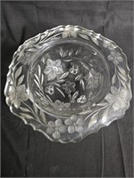 Trinket Dish Bowl Etched Clear Glass W/ Wide Rim