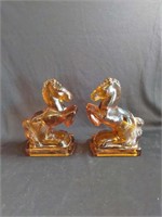2 Amber Glass Horse Book Ends