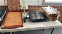 Cork board, lamp, frog, cushions candles