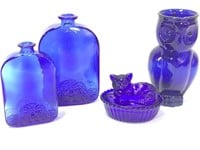 Cobalt Blue Glass Lot Covered Cat Dish Owl & More