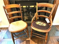Pair Wooden Chairs w Embroidered Seats