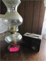 2 Vintage Items: Box Camera & Glass Oil Lamp