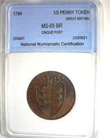 1794 1/2 Penny Token NNC MS65 BR Cinque Port