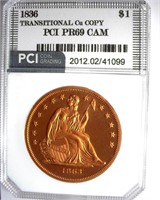 1836 $1 PCI PR69 CAM Transitional Copper Copy