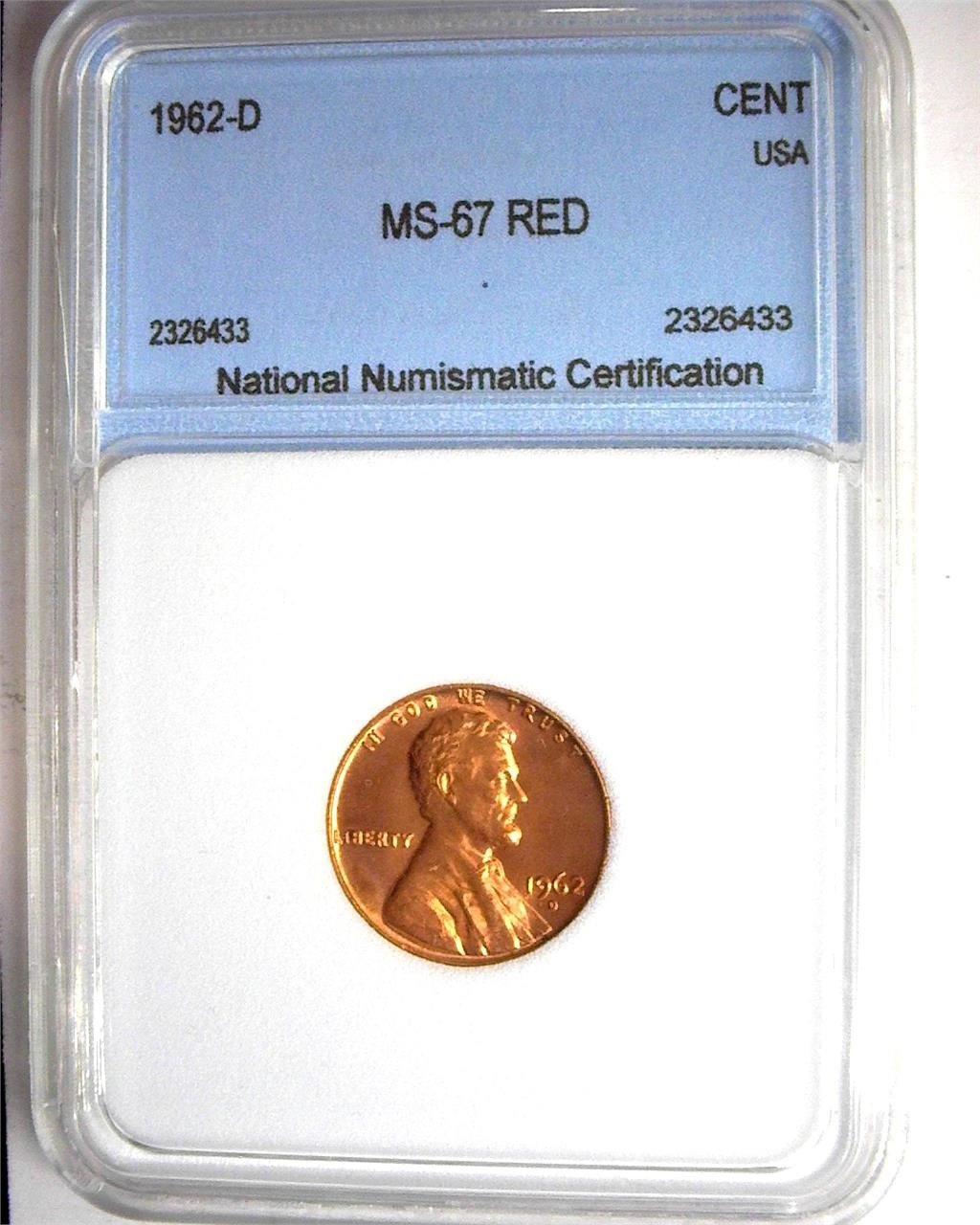 1962-D Cent MS67 RD LISTS FOR $1500