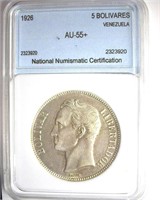 1926 5 Bolivares NNC AU55+ Venezuela