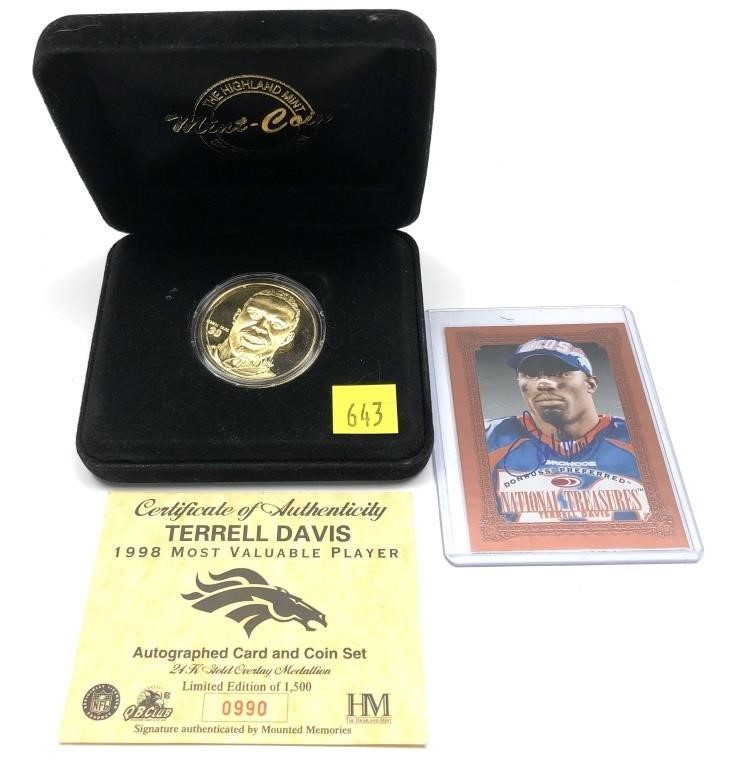1998 Terrell Davis Autographed card and coin set