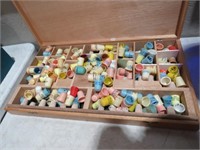 WOOD BOX WITH HUGE ADVERTISING THIMBLE COLLECTION
