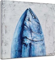 Blue & White Canvas Wall Art with Textured Fish