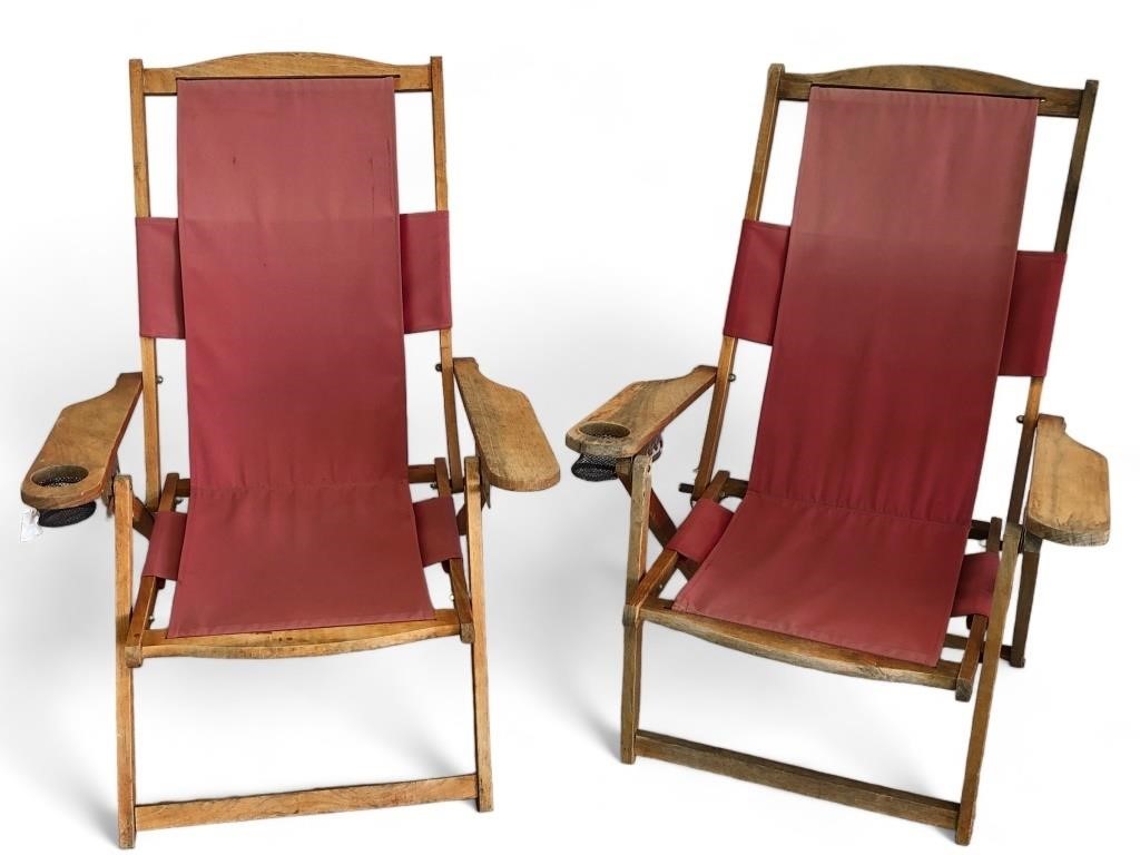 (2) Vintage Wood&Canvas Outdoor Lawn Chairs