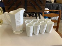 colony grape milk glass pitcher and tumblers