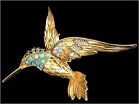 Vtg Gold Tone Hummingbird Rhinestone Brooch