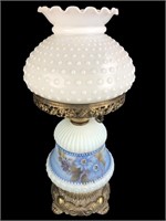 Vintage Floral Hobnail Milk Glass Shade Table Lamp