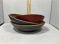 three hand turned wooden bowls - one with early me