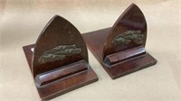 Wooden book ends with brass horse heads