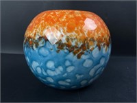 Round Fish Bowl Orange & Blue Bubble Art Glass